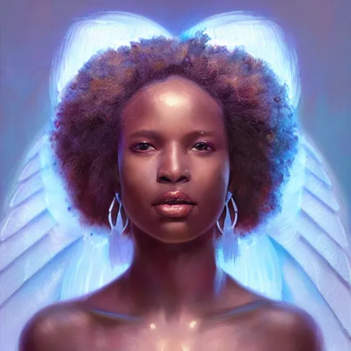 Prompt: Portrait of a Afro caribbean goddess with angel wings, and a glowing halo, white lighting, digital art by Ruan Jia and Mandy Jurgens and Artgerm, highly detailed, trending on artstation, award winning,
