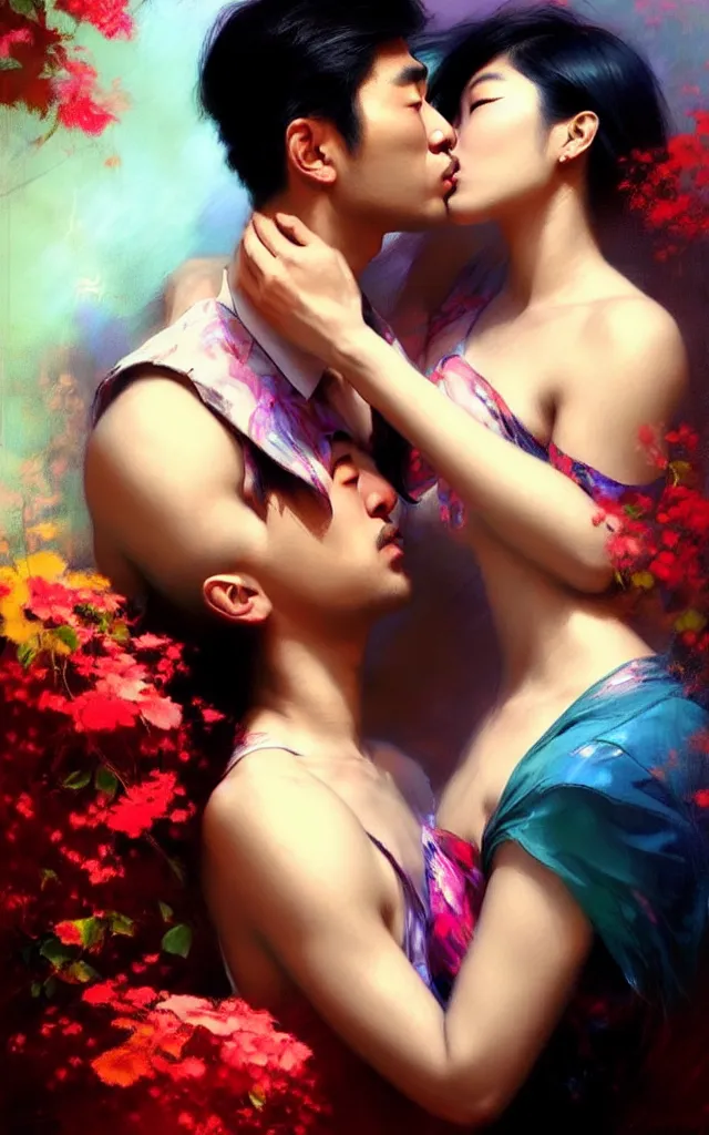 Image similar to photography of asian couples kissing each other, deep focus, volumetric light, colourful, sharp, detailed, digital painting by rolf armstrong, jeremy lipkin and michael garmash, rob rey and kentaro miura style, pinterest behance top picks