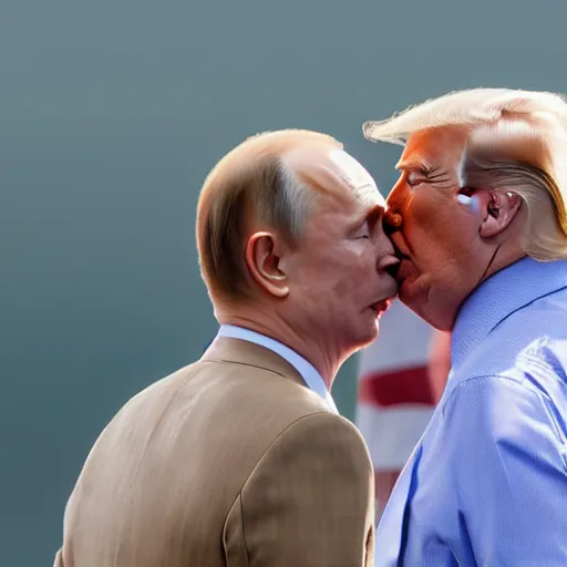 Image similar to telephoto candid cropped photo of trump kissing putin, zeiss 1 5 0 mm, sharp focus, natural lighting, ultra realistic, high definition 4 k photo