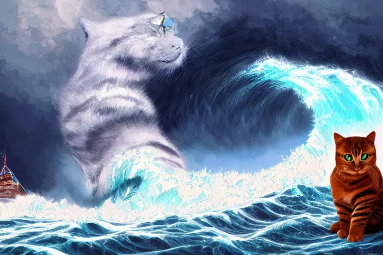 Prompt: giant tsunami wave with a cat of the same size, digital painting, epic composition, highly detailed, 8 k