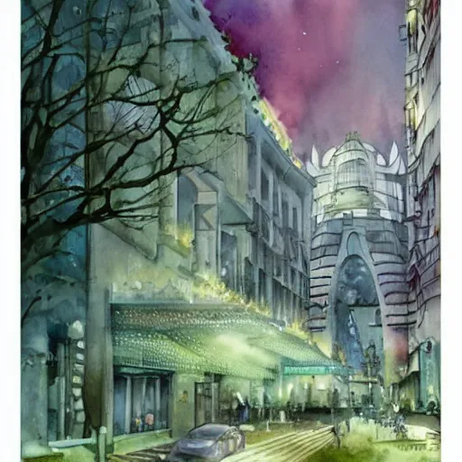 Image similar to Beautiful happy picturesque charming sci-fi city in harmony with nature. Nice colour scheme, soft warm colour. Beautiful detailed watercolor by Lurid. (2022)