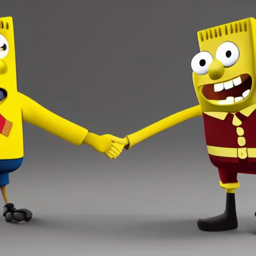 Image similar to sponch bob and harry potter soon business handshake, they're all statues, octane render, 8 k, highly detailed, hyper - realistic.