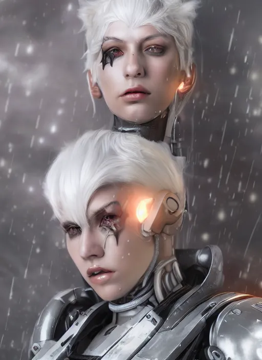 Image similar to An epic fantastic realism comic book style portrait painting of a female cyber warrior, dieselpunk armor, white hair, porcelain pale skin, cyberpunk color raining tokyo everywhere, Concept world Art, unreal 5, DAZ, hyperrealistic, octane render, cosplay, RPG portrait, dynamic lighting