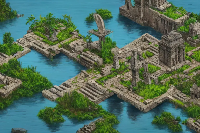 Image similar to ancient city, lake, plants, isometric art, bright, artstation, highly detailed, cinematic lighting + masterpiece