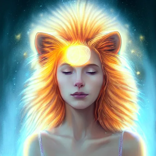 Image similar to Portrait of a girl angel with pale orange colored frizzy strands of illuminated hair, Lion essence, cat ears on her head, glowing halo, Lion's Mane, Cosmic, Lion's Gate, 8/8, fantasy, intricate, elegant, highly detailed, digital painting, artstation, concept art, smooth, sharp focus, illustration, art by Krenz Cushart and Artem Demura and alphonse mucha