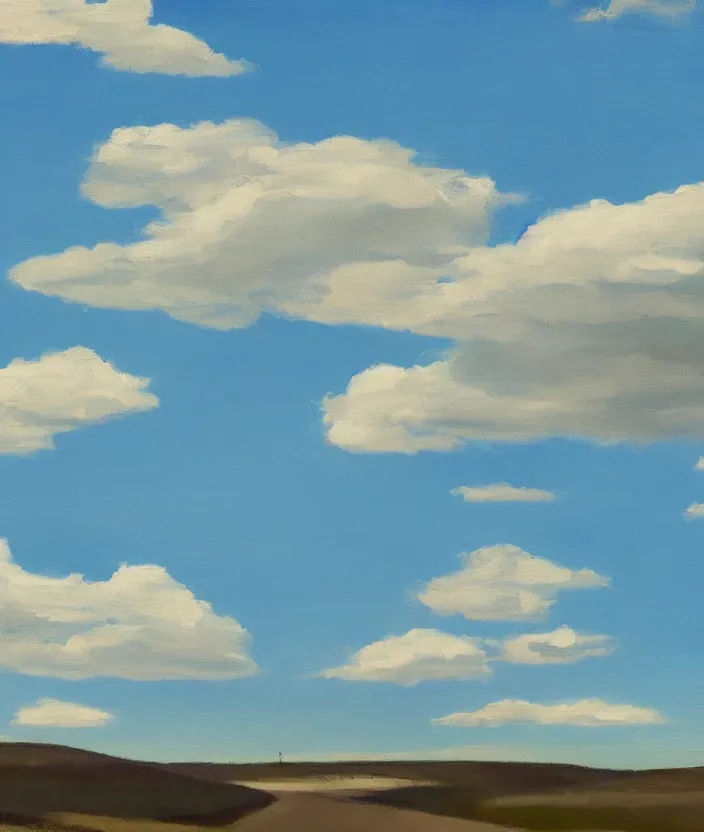 Image similar to baby blue sky with very aesthetic stylized clouds, in the style of edward hopper, very fine brushstrokes, 4 k,