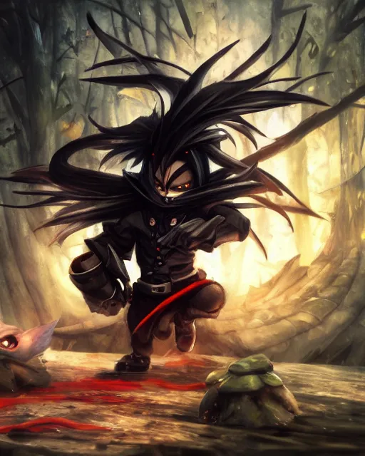 Image similar to oil painting of Anthropomorphized Angry cute chibi ninja, attacking, throwing shurikens, wearing black ninja suit, sharp focus, fantasy style, octane render, volumetric lighting, 8k high definition, by greg rutkowski, highly detailed, trending on art Station, magic the gathering artwork, magical forest background from MapleStory, centered