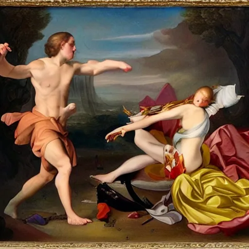 Image similar to joanna newsom fighting the predator, baroque style painting, very detailed