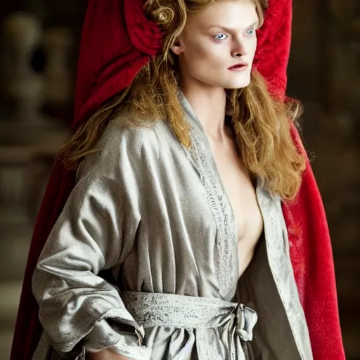 Prompt: constance jablonski wearing robe a la francaise, wow 4 k detail fantasy, matte painting, realistic materials, photo realistic, postprocessing, cinematic, hyperrealistic, studio lighting, ekaterina, the tudors, photography by richard jenkins