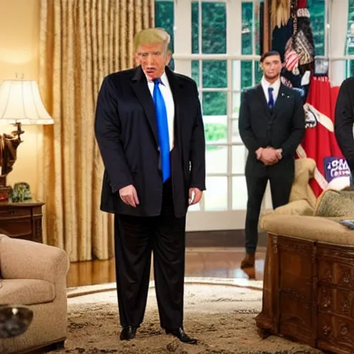 Image similar to a scene from the tv show, the boys, featuring donald trump as homelander.