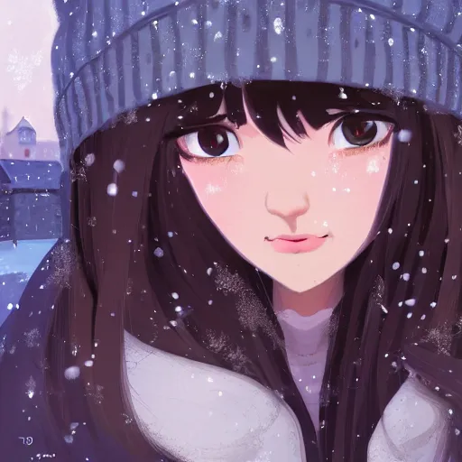 Image similar to teen girl with long black hair and bangs, detailed facial features, beautiful face, snowy winter village in the background, digital painting, artstation, highly detailed, by makoto shinkai and thomas kindle and James gilleard