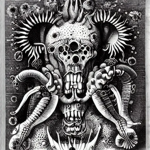 Image similar to bizarre bestiary of repressed unconscious emotional monsters and creatures, illustrated by Ernst Haeckel and Robert Fludd