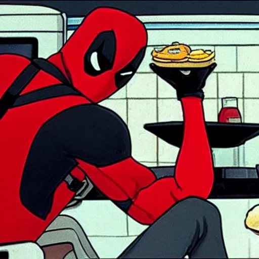 Image similar to Deadpool sitting on the toilet, eating a hamburger, by studio ghibli,