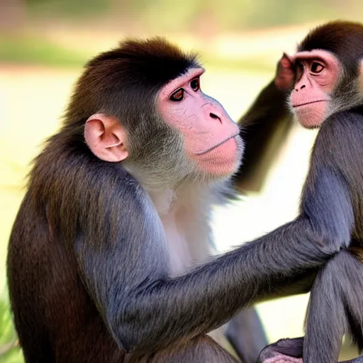 Image similar to Monkey nitpicking hair on human, photograph, relaxing photo