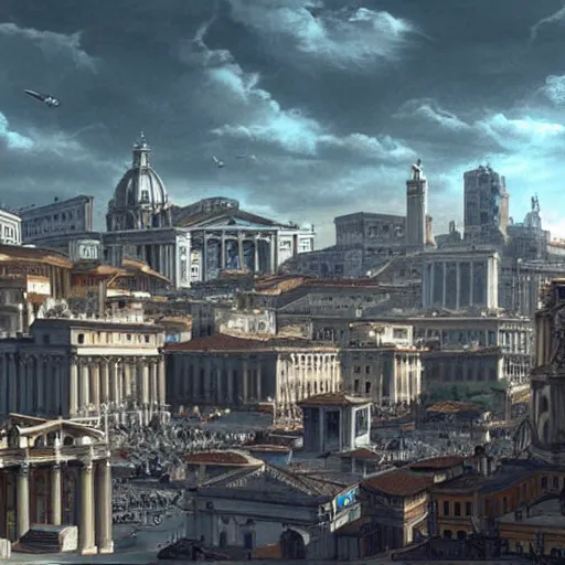 Prompt: Cityscape of Rome in the year 2459. Highly futuristic. The pope is a robot