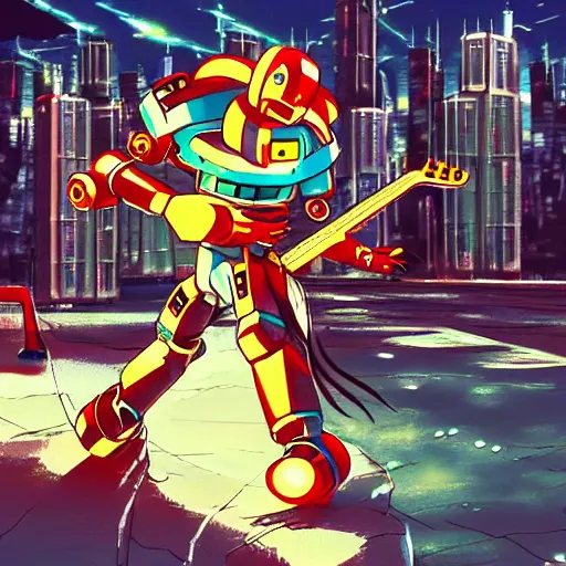 Prompt: A cell animation of a robot shredding a rock guitar solo in a futuristic city street, macross, gundam, ghibli style, illustration, detailed guitar, anime, trending on artstaion