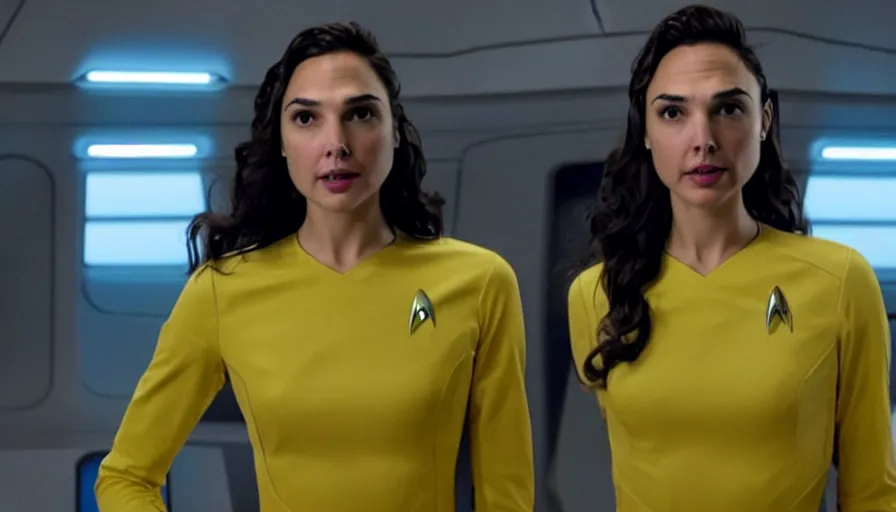 Prompt: Gal Gadot, wearing a yellow captain shirt, is the captain of the starship Enterprise in the new Star Trek movie