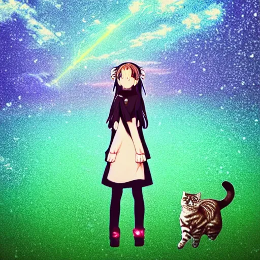 Image similar to a anime aesthetic woman with long dark hair holding a cat in her arm standing on steps in a field at night, a hologram by kusama, instagram, optical illusion, full body, ultra hd, neon, pexels contest winner, high quality photo, rtx, hd, shiny eyes, a renaissance painting by sailor moon