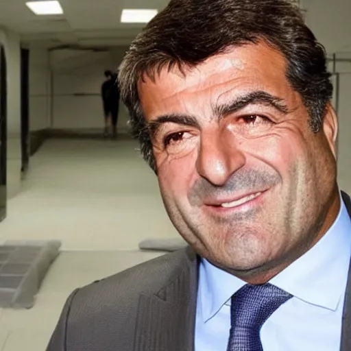 Prompt: joan laporta in the prison showers, bending down to get the soap