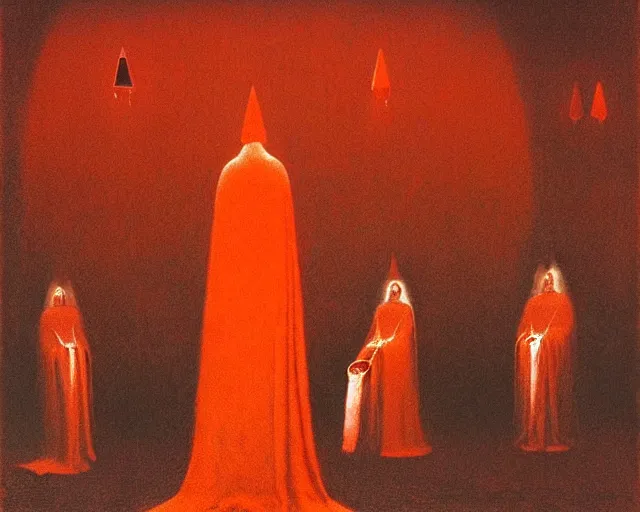 Prompt: devotion to the scarlet woman, priestess in a conical hat, coronation, ritual, sacrament, by francis bacon, beksinski, mystical redscale photography evocative.