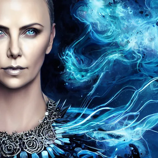 Image similar to masterpiece portrait of an aesthetic mage woman, ice spell, 3 0 years old woman, ( young charlize theron like ), black dynamic hair, wearing silver diadem with blue gems inlays, silver necklace, painting by joachim bergauer and magali villeneuve, atmospheric effects, chaotic blue sparks dynamics in the background, intricate, artstation, fantasy