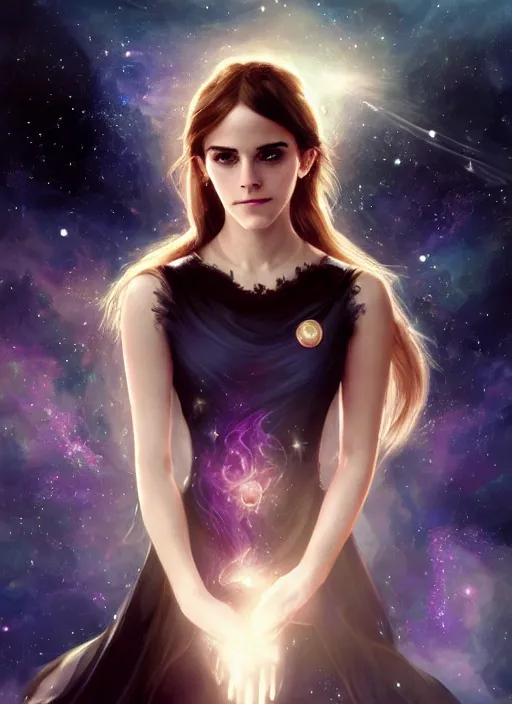 Image similar to emma watson as magic healer celestial, long hair, black and transparent cloth, space, D&D, shiny background, intricate, elegant, highly detailed, digital painting, artstation, concept art, smooth, sharp focus, illustration, artgerm, bouguereau