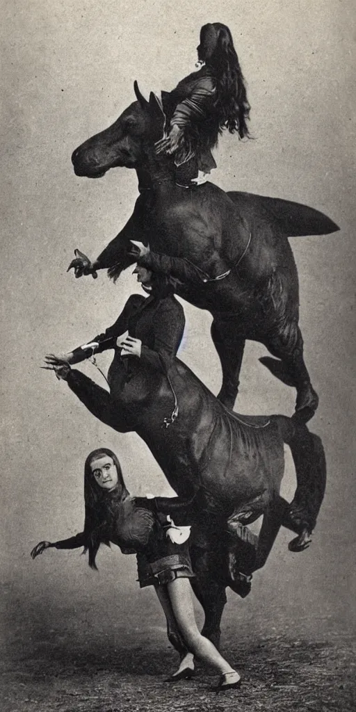 Prompt: t rex and a [ horse ] wearing high heels, strange, black and white photograph, 1 8 5 0 s