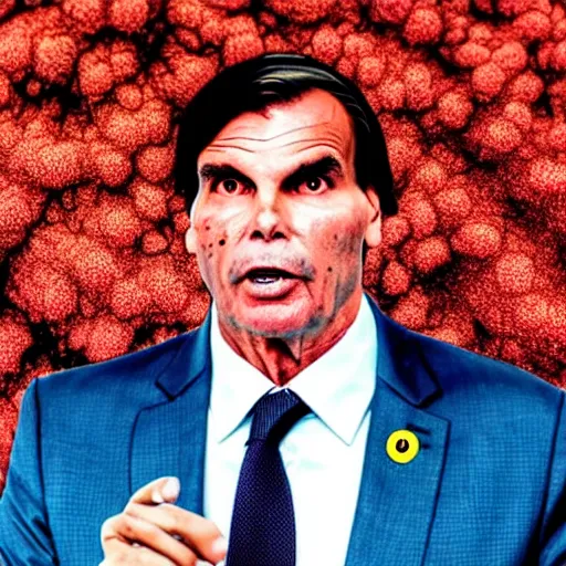 Image similar to a photo portrait of jair bolsonaro politician with a corona virus swarm of spores on his skin, depth of field dramatic red lighting, viruses flocking, mean face,