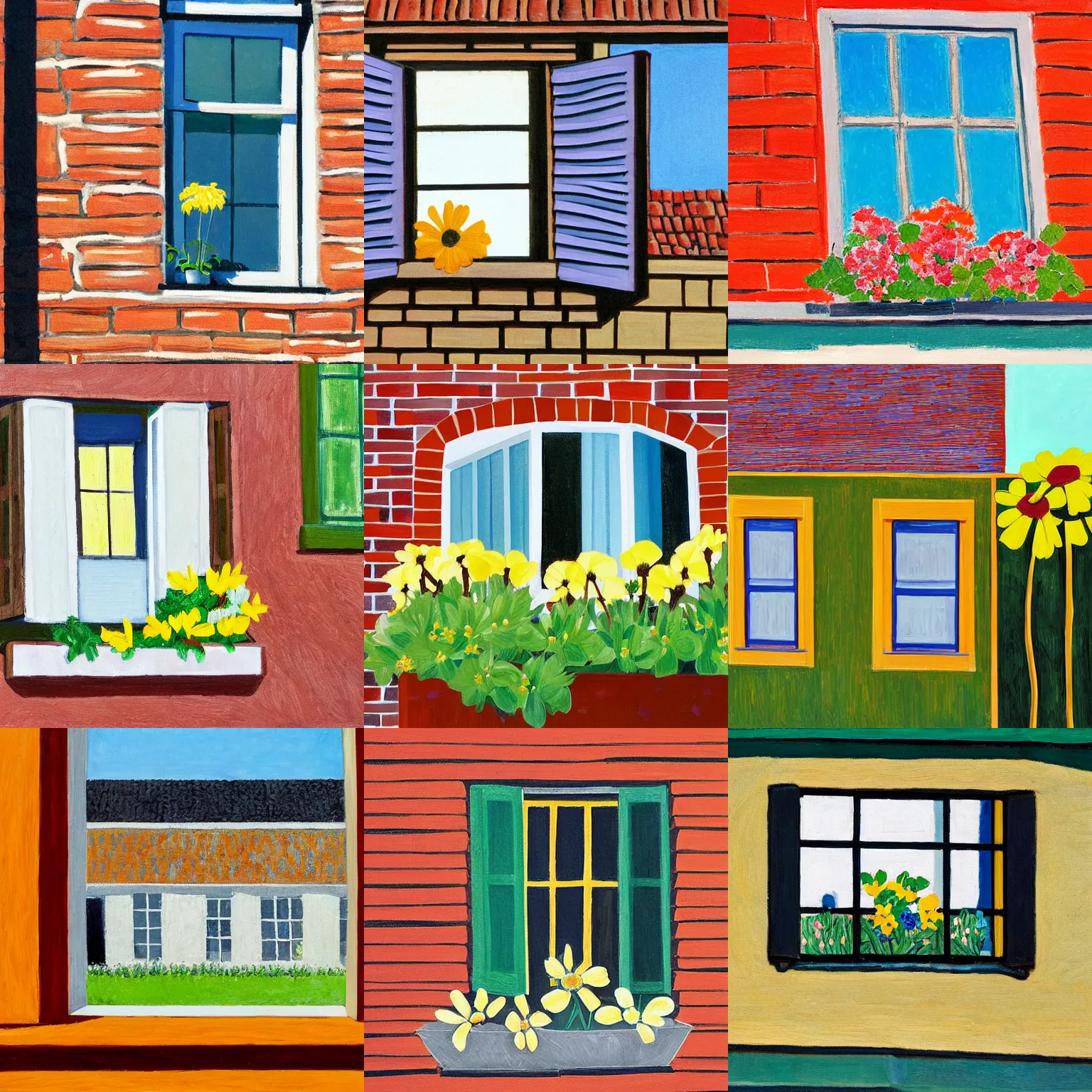 Prompt: window with flower box, timbered house with bricks, sunny, peaceful, by alex katz, close up