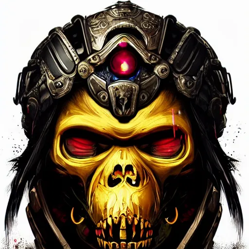 Prompt: a golden skull face monkey warrior with a ruby in his forehead, Apex Legends character digital illustration portrait design, by android jones, detailed, neon blacklight color scheme, cinematic lighting, wide angle action dynamic portrait