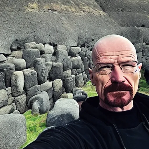 Image similar to walter white taking a selfie on rapa nui