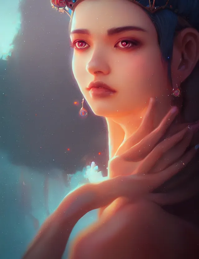 Image similar to blurred background. close-up portrait of a goddess in crown, by Artgerm and beeple and greg rutkowski