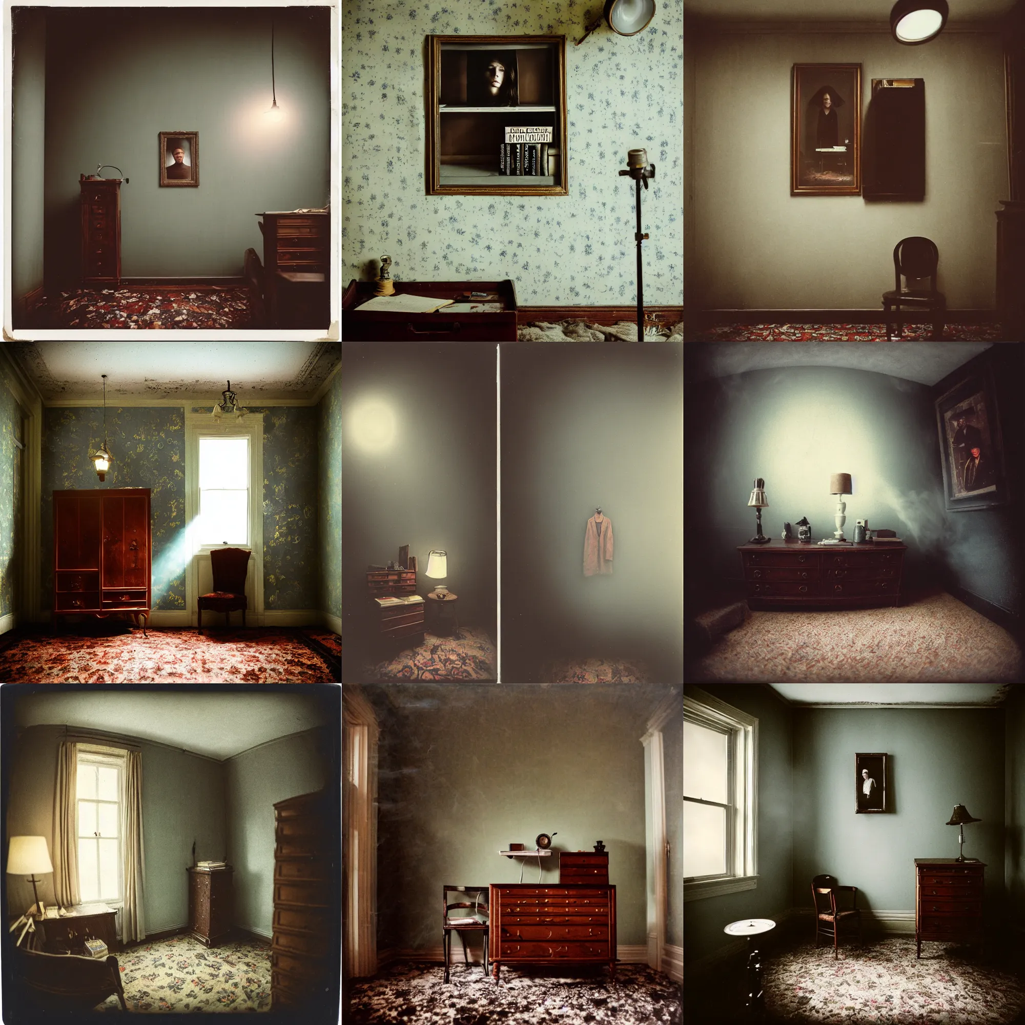 Image similar to kodak portra 4 0 0, wetplate, 8 mm extreme fisheye, award - winning portrait by britt marling, a haunting ghost in a 1 9 2 0 s room, ghost, picture frames, shining lamps, dust, smoke, 1 9 2 0 s furniture, wallpaper, carpet, books, muted colours, wood, fog,