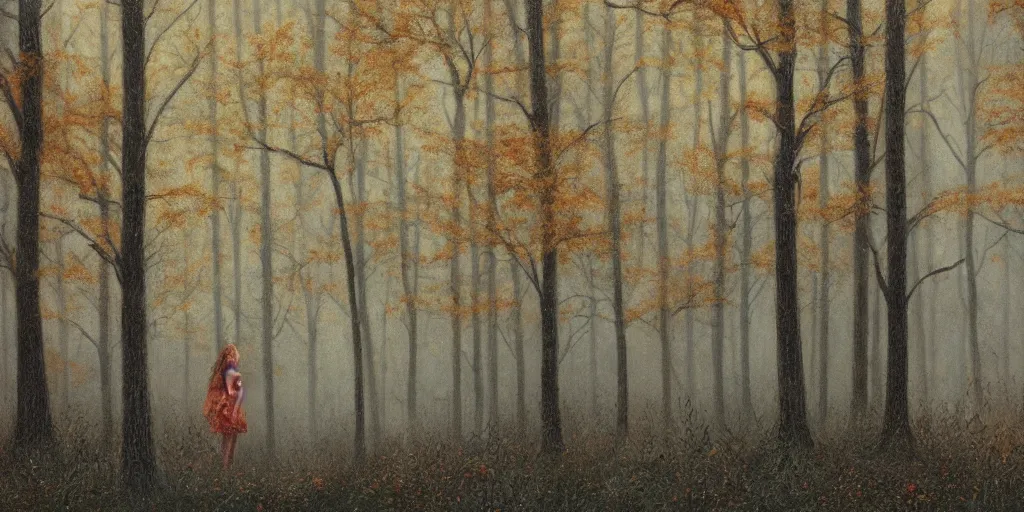 Image similar to a girl in an autumn forest, by Aron Wiesenfeld, wolf, cinematic, detailed illustration, nature, fog, dark colors, suspense, intricate, 8k