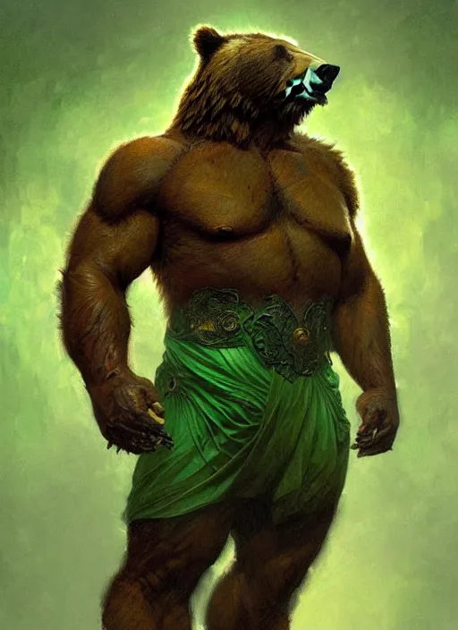 Image similar to portrait of aggressive bear humanoid, d & d, muscular! green, fantasy, intricate, elegant, highly detailed, digital painting, artstation, concept art, smooth, sharp focus, illustration, art by artgerm and greg rutkowski and alphonse mucha