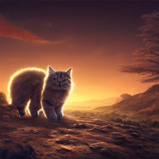 Prompt: landscape shot of a desolate planet, with a giant fluffy kitten in the distance, fantasy, high detail, elegant, digital painting, cinematic lighting, vibrant, intricate, textured skin, highly detailed, artstation, sharp, focus, HDR, unreal engine 5, breathtaking, illustration, Anna Dittmann, Ilya Kuvshinov, Nikolay Makovsky