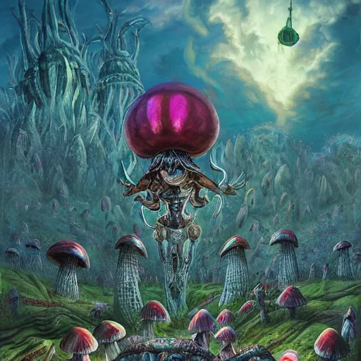 Image similar to 4 k headshot portrait of a psychedelic demonic anthropomorphic insect knight with mushroom themed clothes, magic mushroom village in background by jeff easley, award winning, stylized neon, post - processing, masterpiece, superb resolution. in the art style of junji ito and greg rutkowski. detailed mushroom city in background. hyper realistic anime. perfect art. dalle 2