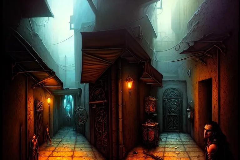 Prompt: a shadowy alleyway in the city of tyr from athas, amazing dark sun d & d art, by gerald brom, by wlop, intricate details, ultra realistic, beautiful, volumetric lighting, warm colors advance cool colors recede, cell shading, 8 k, by james gurney, by greg rutkowski, trending cgsociety, artstation
