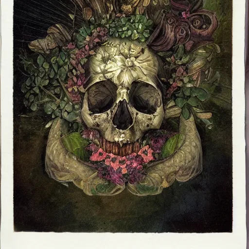 Image similar to a beautiful detailed front view portrait of a rotten woman corpse becoming a skull with fractal plants and fractal flowers and mushrooms growing around, baroque, volumetric light, beautiful lit, polaroid photography