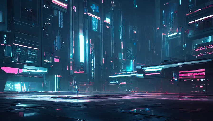 Image similar to concept art of a futuristic dark cyberpunk distopia with reflections, rendering in octane and redshift