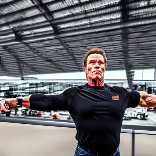 Prompt: arnold schwarzenegger working at the airport, 4 k, hyper realistic, dslr, high resolution, landscape, beautiful