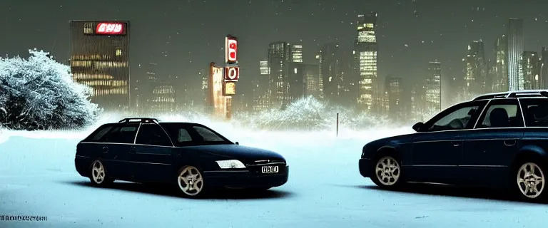 Image similar to Audi A4 B6 Avant (2002), a gritty neo-noir, dramatic lighting, cinematic, eerie person silhouette, death, homicide, homicide in the snow, establishing shot, extremely high detail, photorealistic, cinematic lighting, artstation, by simon stalenhag, Max Payne (PC) (2001) winter new york at night, flashing lights, Poets of the Fall - Late Goodbye
