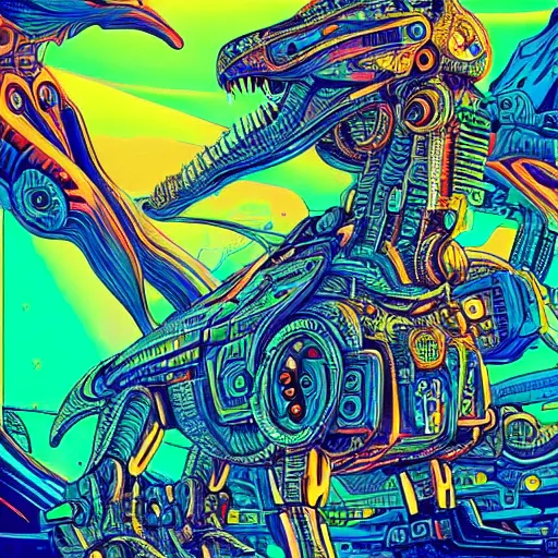 Image similar to beautiful detailed comic illustration, psychedelic fractals made of mecha dinosaurs, cyberpunk, neon
