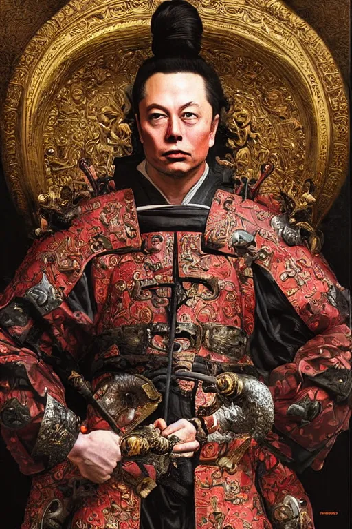 Prompt: Baroque painting of a Elon Musk as a samurai, inspired by Gustav Moreau and Wayne Barlowe, exquisite detail, hyper realism, ornate, exquisite detail, cute face