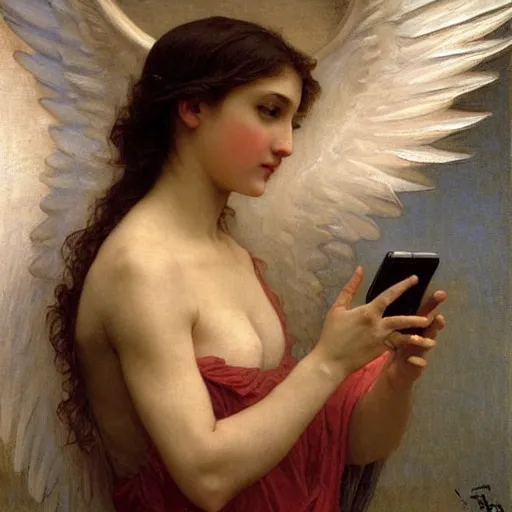 Image similar to an oil painting of an angel talking with an iPhone, by Bouguereau, highly realistic and intricate