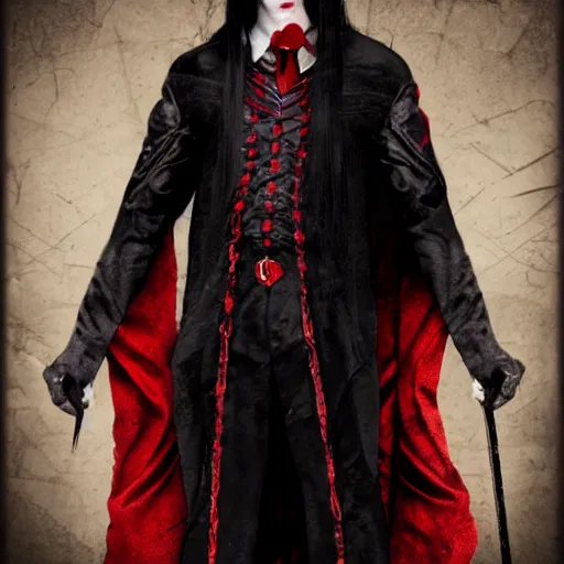 Image similar to a vampire, male, late - 4 0 s aged, long, slicked black hair, clean shaven, in red and black, medieval fantasy, digital art, cinematic shot, full body shot, concept art.