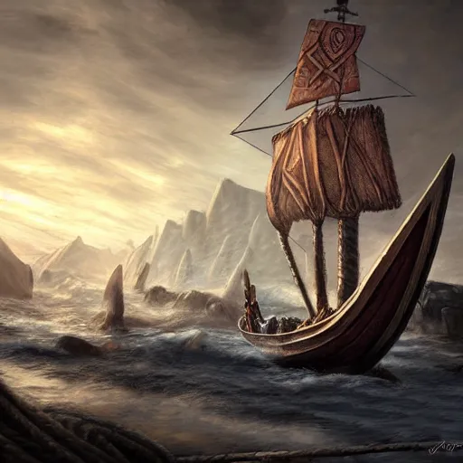 Prompt: viking ship, centered in picture, daytime, epic fantasy, detailed, intricate, digital painting, concept art, realistic, smooth, focus, rim light