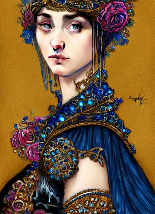 Prompt: beautiful black blue bling bling, complicated jewelry and bling bling flowers in victorian style headwears, dark fantasy, intricate, elegant, highly detailed, digital painting, artstation, highly saturated colors, concept art, matte, 3 d 8 k octane rendered, sharp focus, illustration, octane rendered, art by artgerm and alphonse mucha, leesha hannigan