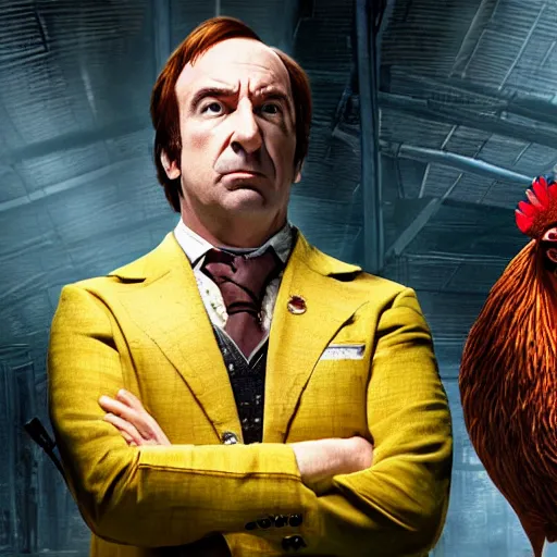 Image similar to saul goodman and a rooster in a saw movie, jigsaw, saul goodman, rooster, unreal engine 5