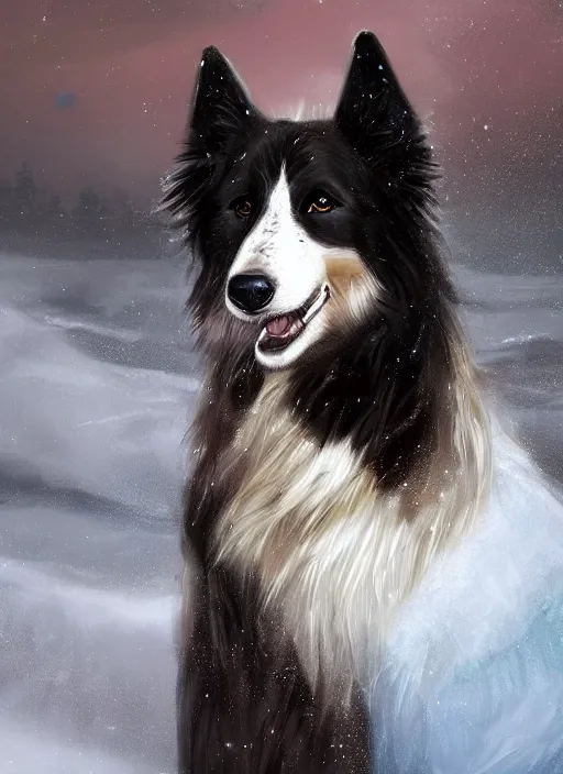 Prompt: beautiful portrait of a cute male anthropomorphic border collie fursona wearing a blue cowboy outfit in a tundra. character design by charlie bowater, henry asencio, and ross tran. scenic background, detailed, glamor pose, aesthetic, trending on artstation, top rated on furaffinity and deviantart